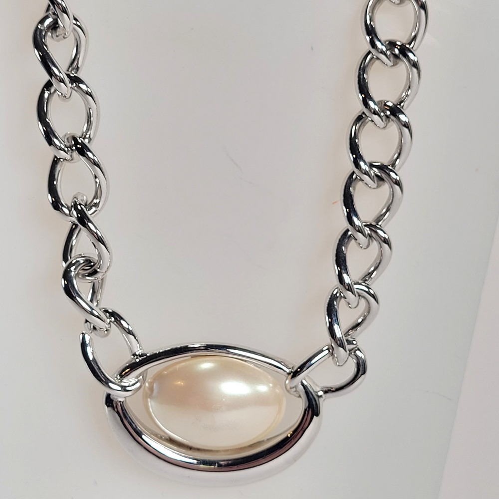 Vintage Monet Silver Tone Chunky Curb Chain Necklace Oval Faux Pearl Statement